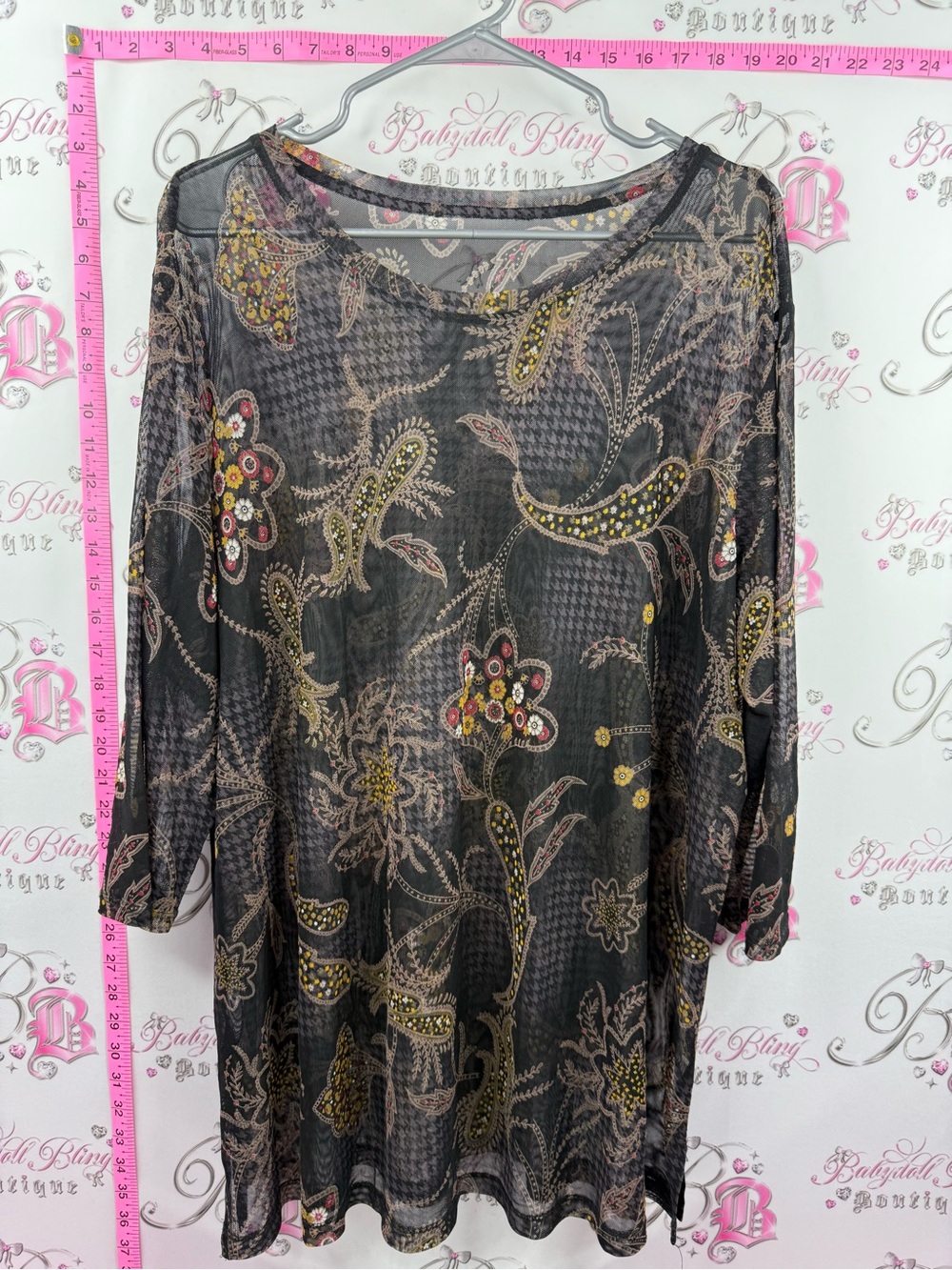 Shirt top stretchy Sheer Paisley Print floral flowers unique Top - Black